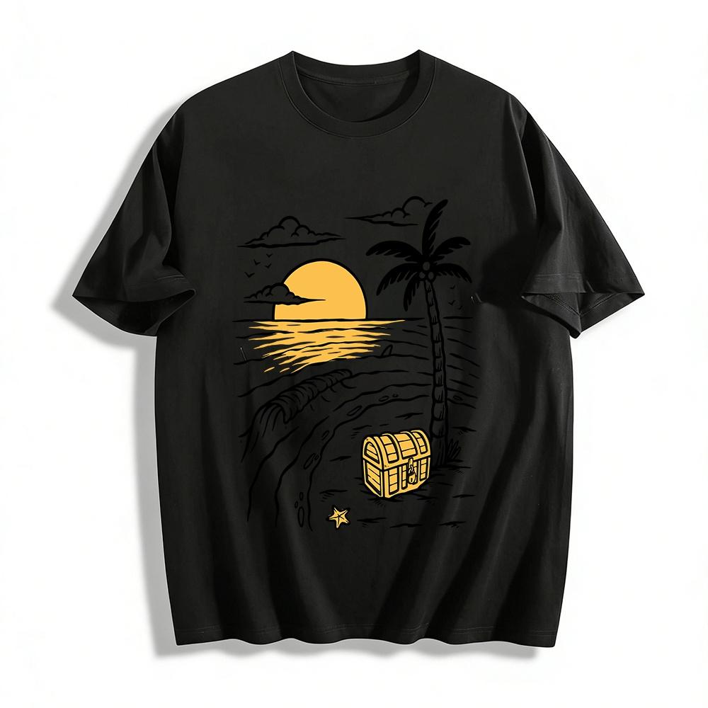 Sunset Island Treasure Print Casual T-Shirt Pure cotton T-shirt XXS
