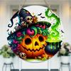 Colorful Spooky Pumpkin Witch Hat Print Round Wooden Hanging Plaque Wall Decor Front Door Sign Home Party Autumn Holiday Ornament Gift