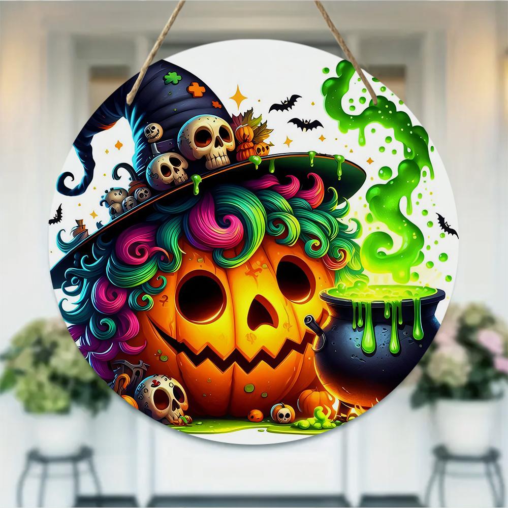 Colorful Spooky Pumpkin Witch Hat Print Round Wooden Hanging Plaque Wall Decor Front Door Sign Home Party Autumn Holiday Ornament Gift