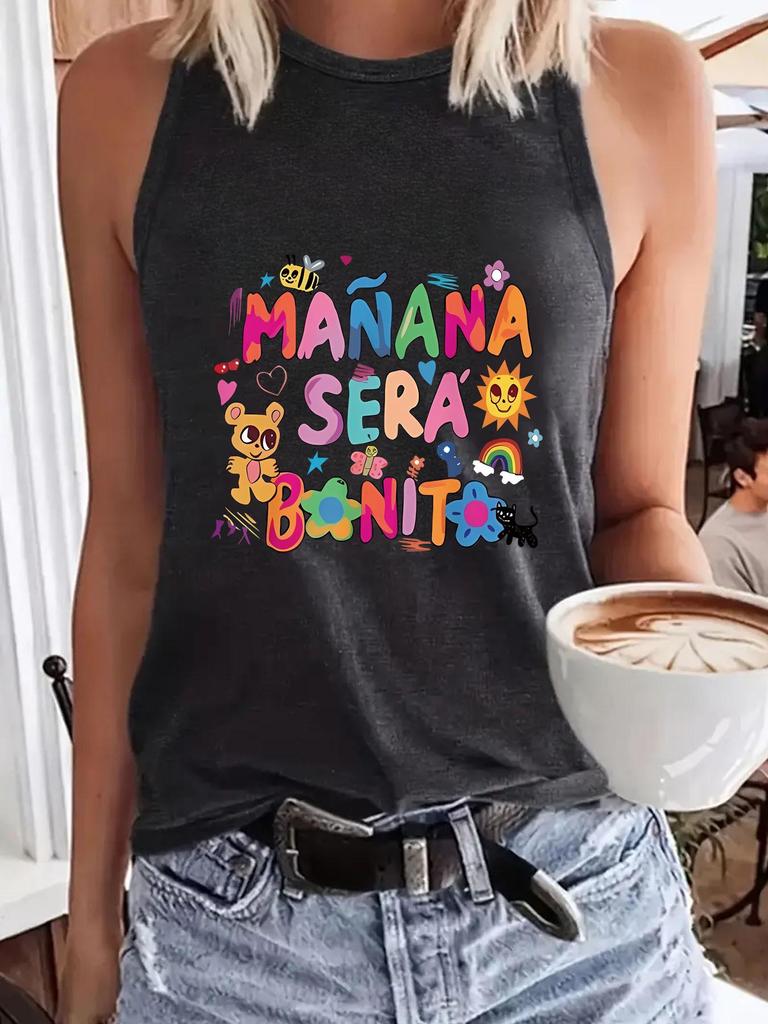 Colorful Letter Print Round Neck Sleeveless Vest - Spring/Summer Casual Top for Women