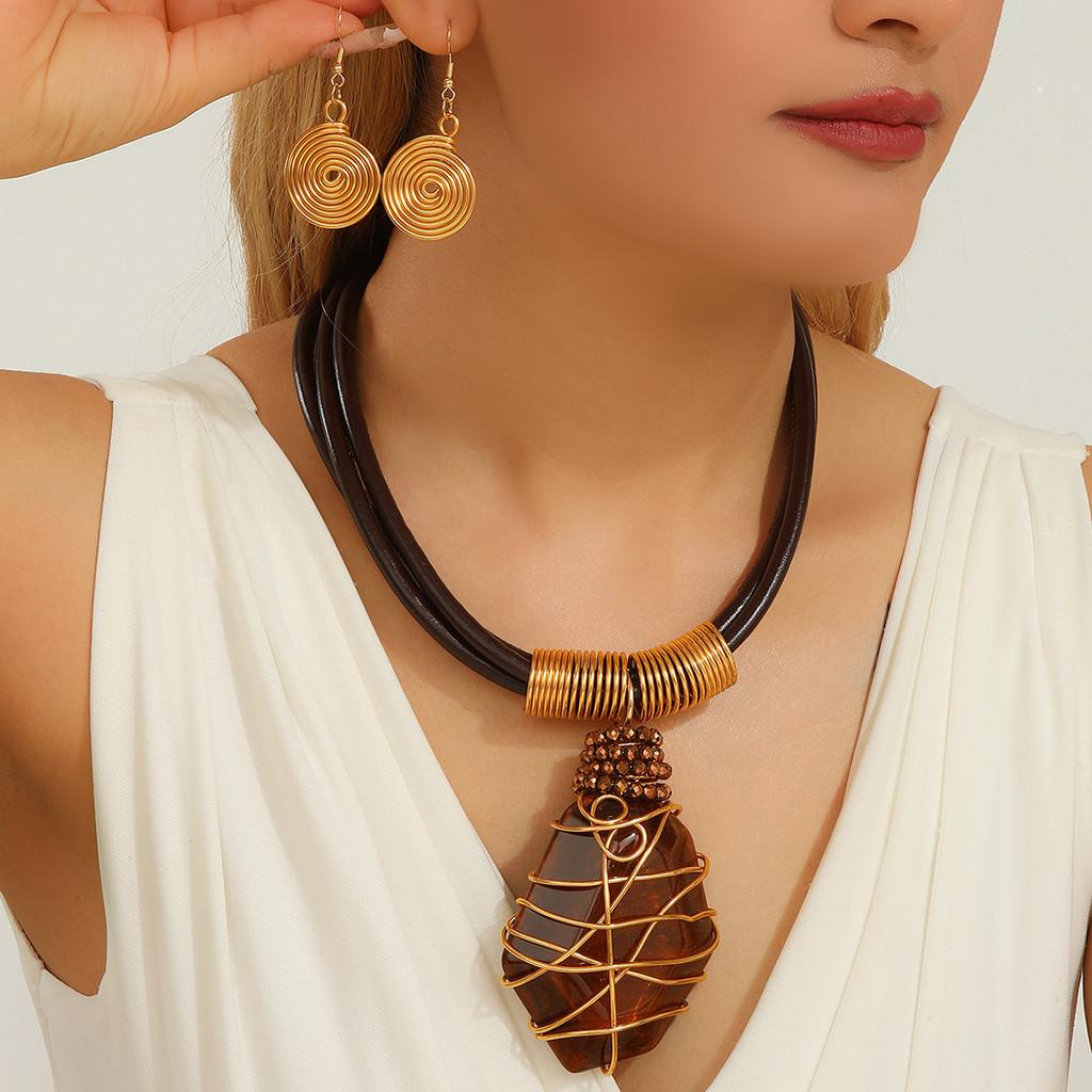 Necklace Resin Geometric Earrings Set Sparkling Big Gems Summer Fashion Style