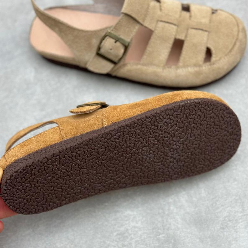 Johnature Sandalias planas de piel genuina tejida de punta redonda, retro de ante de vaca, versátiles, para mujer