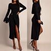 Retro solid color waist wrinkled metal decoration slim fit hip wrap medium long dress temperament elegant body dress