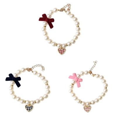 Dog Cats Pearls Necklace Handmade Pet Long Elegant Bowknot Pattern Necklace for Everyday Wear and Pet Gatherings