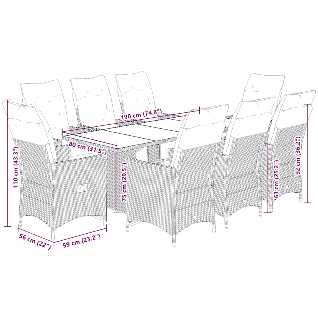 Vidaxl 9-Cz. Set di Mobili da Giardino con Cuscini, Grigio, Polyrattan