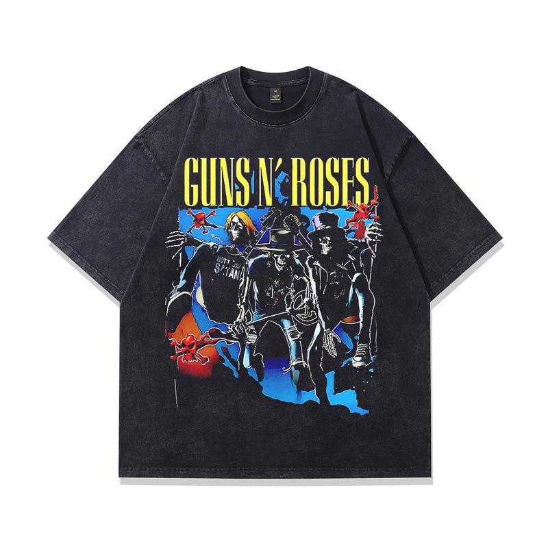 Europäisches Und Amerikanisches High Street Retro Kurzarm-T-Shirt Oversize Gewaschen Rockdruck Vintage Baumwolle Kurzarm-T-Shirt Herren