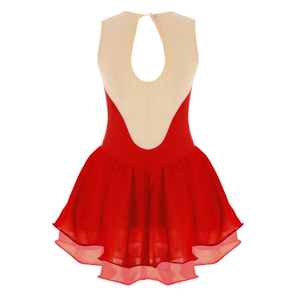 Figure Ice Skating Dress for Girls Sleeveless Glitter Rhinestone Chiffon Patchwork Ballet Dress Gymnastics Leotard Dancewear