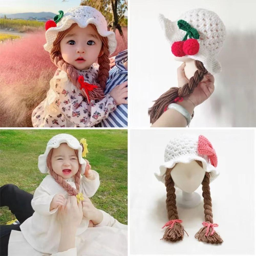 Pink Bow Kids Wool Cap With Plaits Handmade Knitted Photoshoot Kids Wool Cap Braided Design Girls Style Infant Wigs