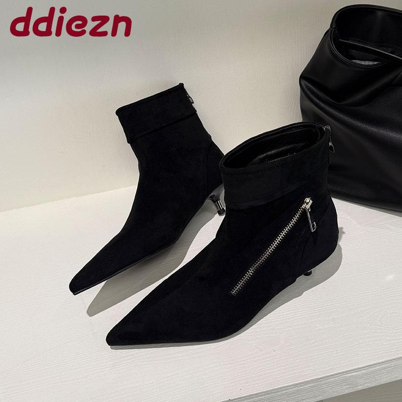 Fashion Zippers Fashion Flock Women Ankle Boots With Low Heel Female Shoes Pointed Toe Sexy Modern Ladies Short Boots Shoes Pumps Lady