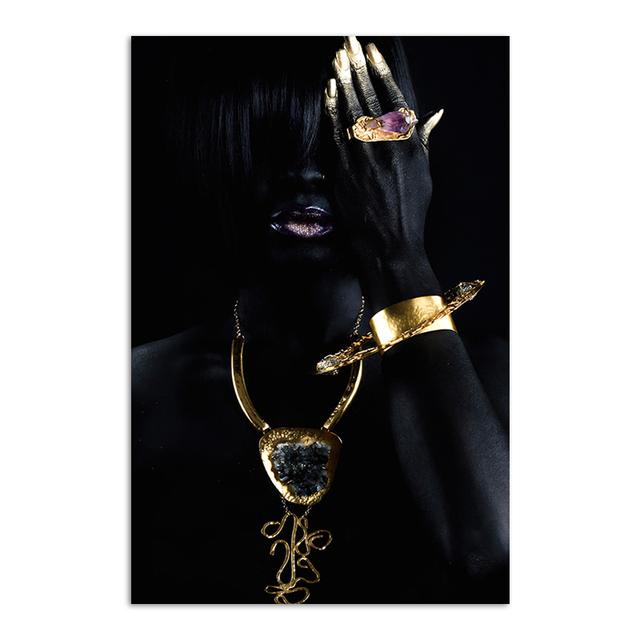 

Золотое ожерелье, африканская женщина, картина на холсте, художественные постеры и принты, черные женские настенные художественные картины для декора гостиной 20x30cm