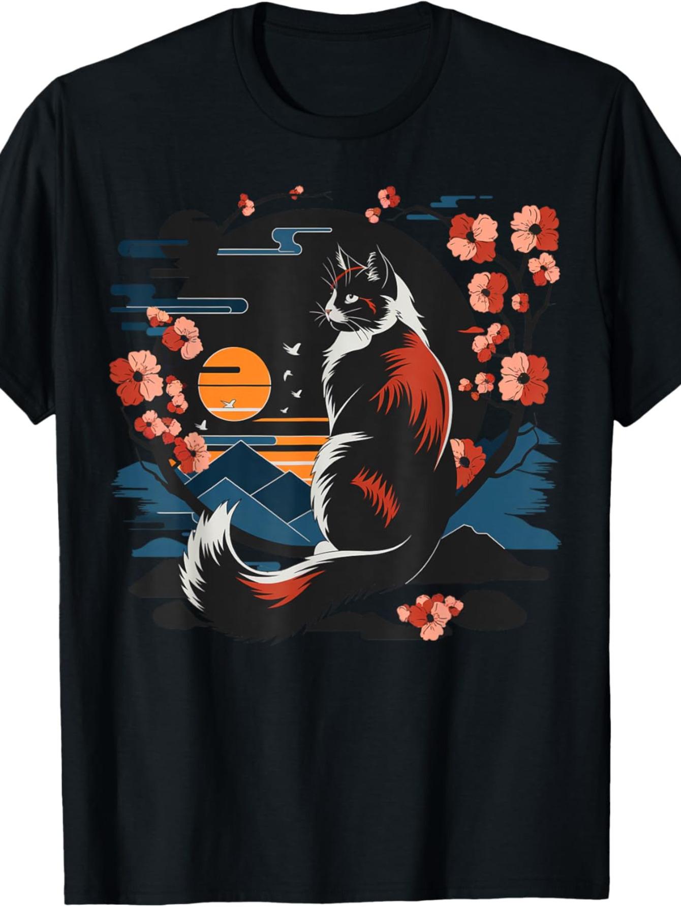 00 Cotton Anime Cat Art TShirt for Men  Women  Japanese Retro Design with Cherry Blossoms Sunset  Mountain Scene S