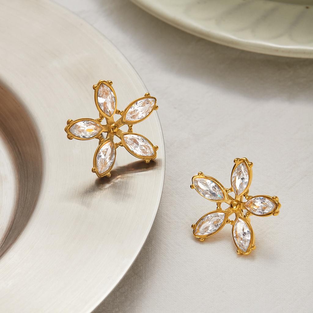 European and American stainless steel zircon stud earrings flower earrings popular titanium steel niche