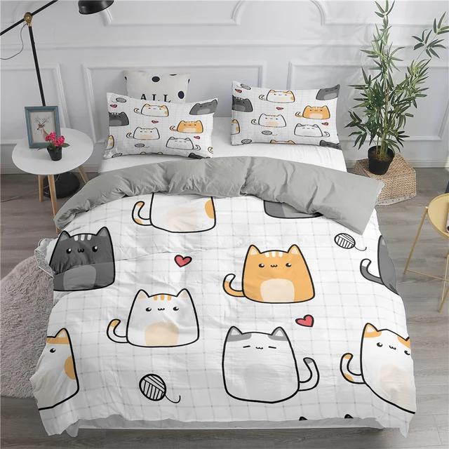 Cartoon-Bettwäscheset mit niedlichen Katzen, bedruckt, 3D-Bettbezug-Set, Twin Full Queen King Double Size, Kissenbezug, Bettwäsche aus weichem Polyester