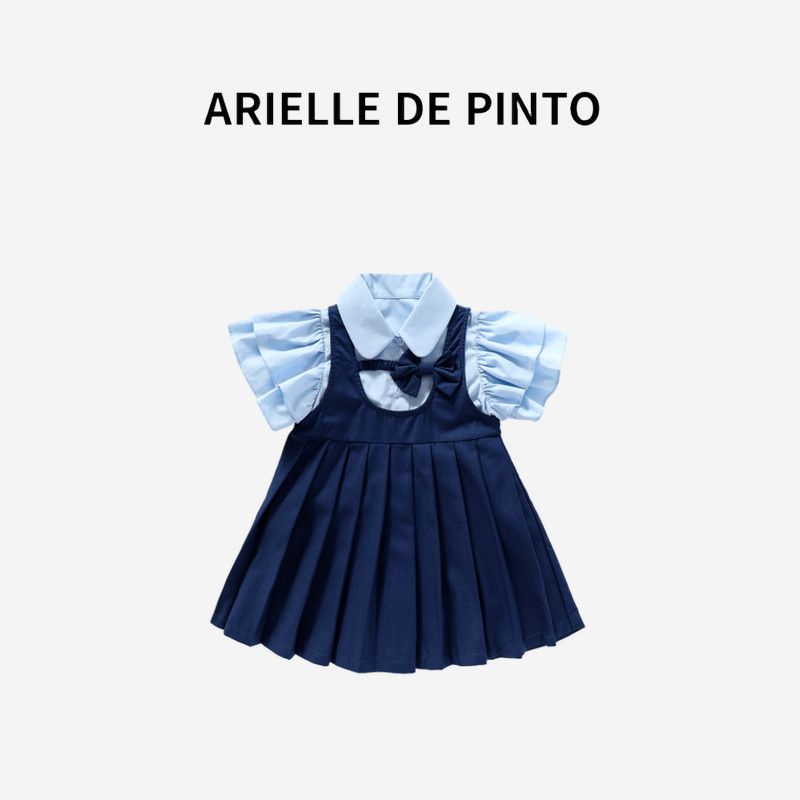 French Arielle De Pinto Girls  Preppy Style Dress Summer Fashion Girl s Stylish Suit Dress Blue 90cm