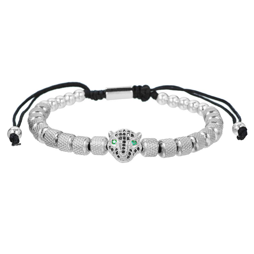 Men's Punk Braided Titanium Steel Bracelet with Leopard Head, Zircon, and Pineapple Beads.