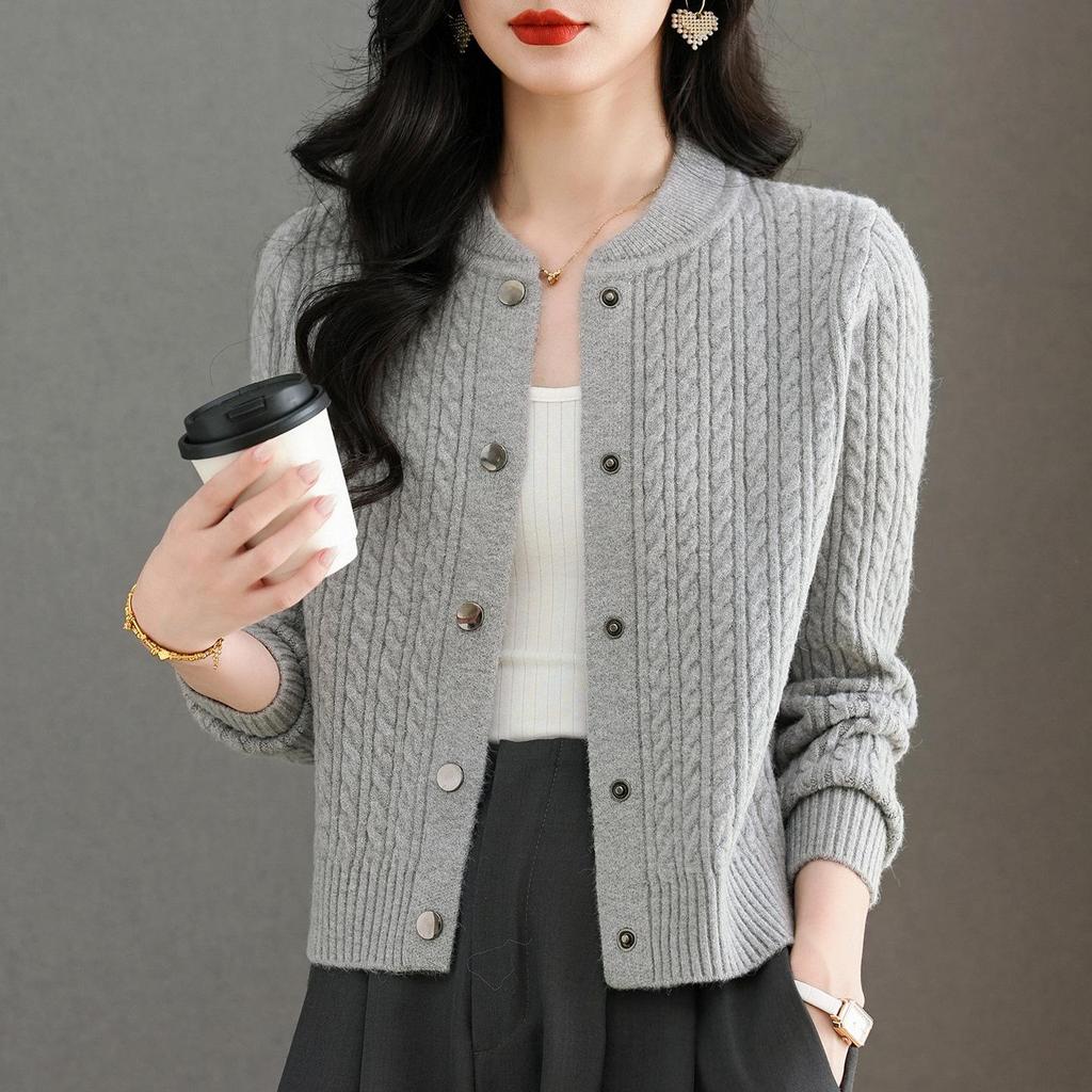 2025 Autumn/Winter Women's Thick Cable Knit Round Neck Cardigan Sweater Coat