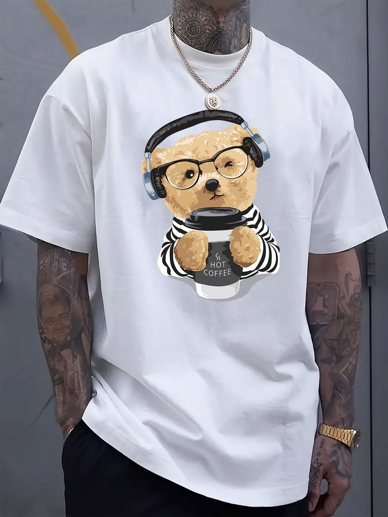 Cartoon Bear Graphic Print Men's Luxury Cotton Short Sleeved T-shirt Summer Unisex Men's and Women's Casual Loose Trendy