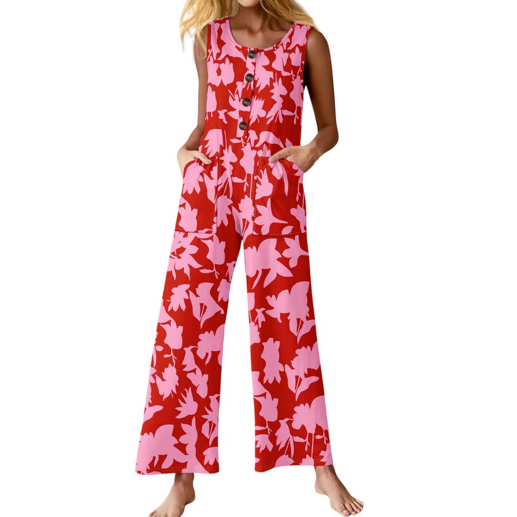 Women's Fashion Casual Button Sleeveless Jumpsuit Floral Flower Print Cotton Pocket Jumpsuit