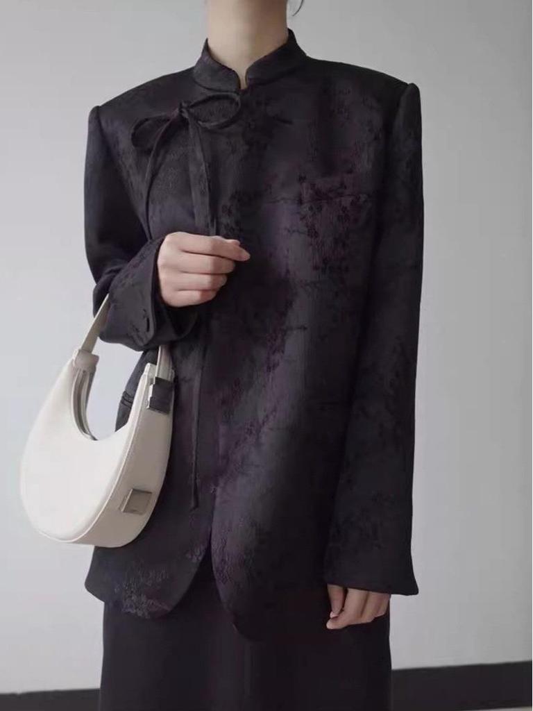 Женское пальто большого размера с воротником-стойкой в китайском стиле с жаккардовым узором - Весна/Осень