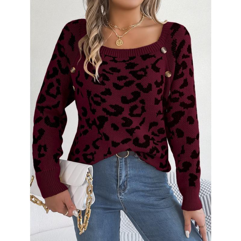 Women's Autumn and Winter Casual Square Collar Button-up Color Leopard Print Long-sleeved Sweater