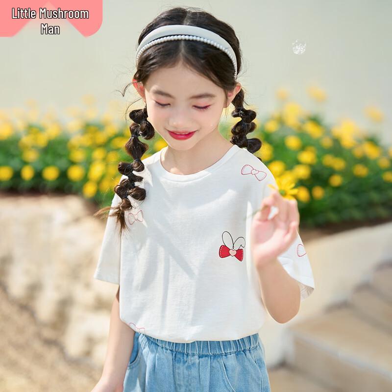 Sweet Bow Print Girls Short Sleeve Tee 140
