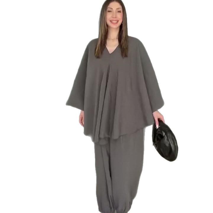 Nuovo Abbigliamento da Donna Europeo e Americano per Primavera e Autunno Transfrontaliero Scollo a V Manica Lunga Ampio Taglia Grande Top Pantaloni a Gamba Larga Set Due Pezzi