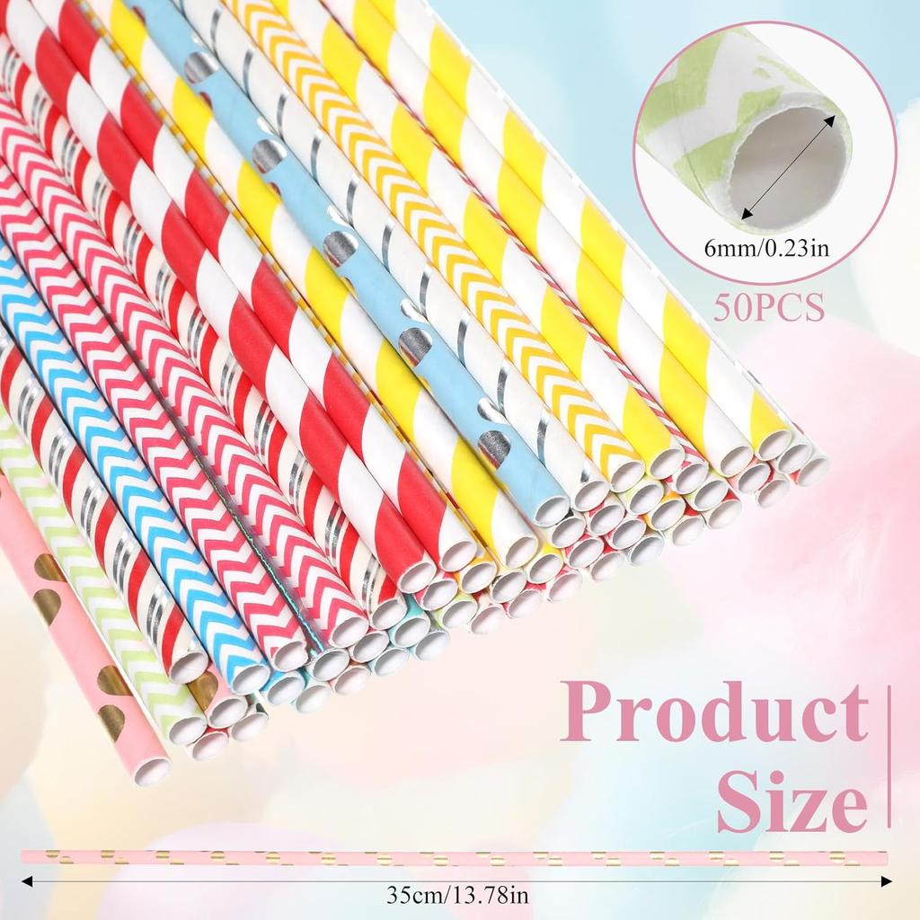 45 PCS Cotton Candy Cones, 13.77 Inch Colorful Paper Straws Cones, Candy Making Sticks for Birthday Wedding Party