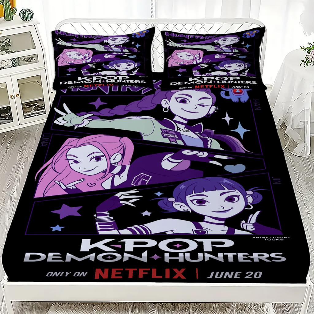 K-Pop D-Demon Hunters Fitted Sheet from Personalized  for Home Decor, Customized DIY Bed Cover Deep Pocket with 2Pillowcases