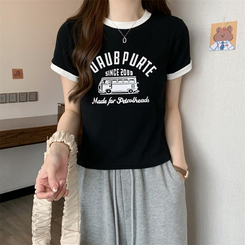 Sommer slank ung jente korte T-skjorter harajuku Enkelt bokstavtrykk Crop Tops Kvinner Uformelt kortermet T-skjorte Sports topp koreanske klær