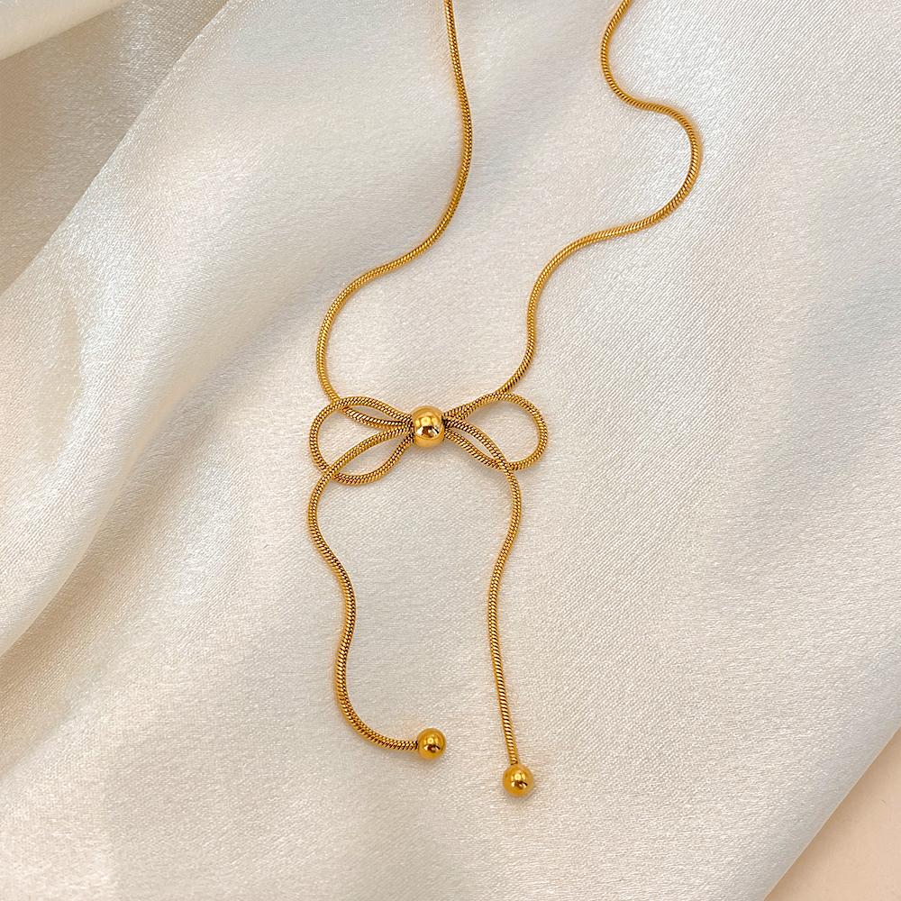 eManco Stainless Steel Bow Necklace Tarnish Free Fashion Zircon for Women High Quality Accessories Gift