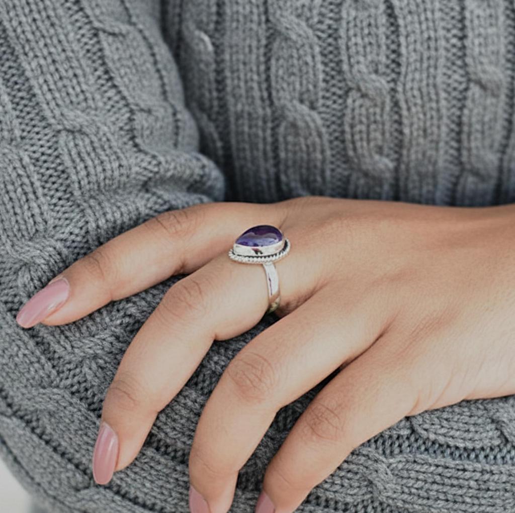 Pear Shape Purple Amethyst Ring, 925 Sterling Silver, Minimalist Statement Ring for Women, Promise Ring