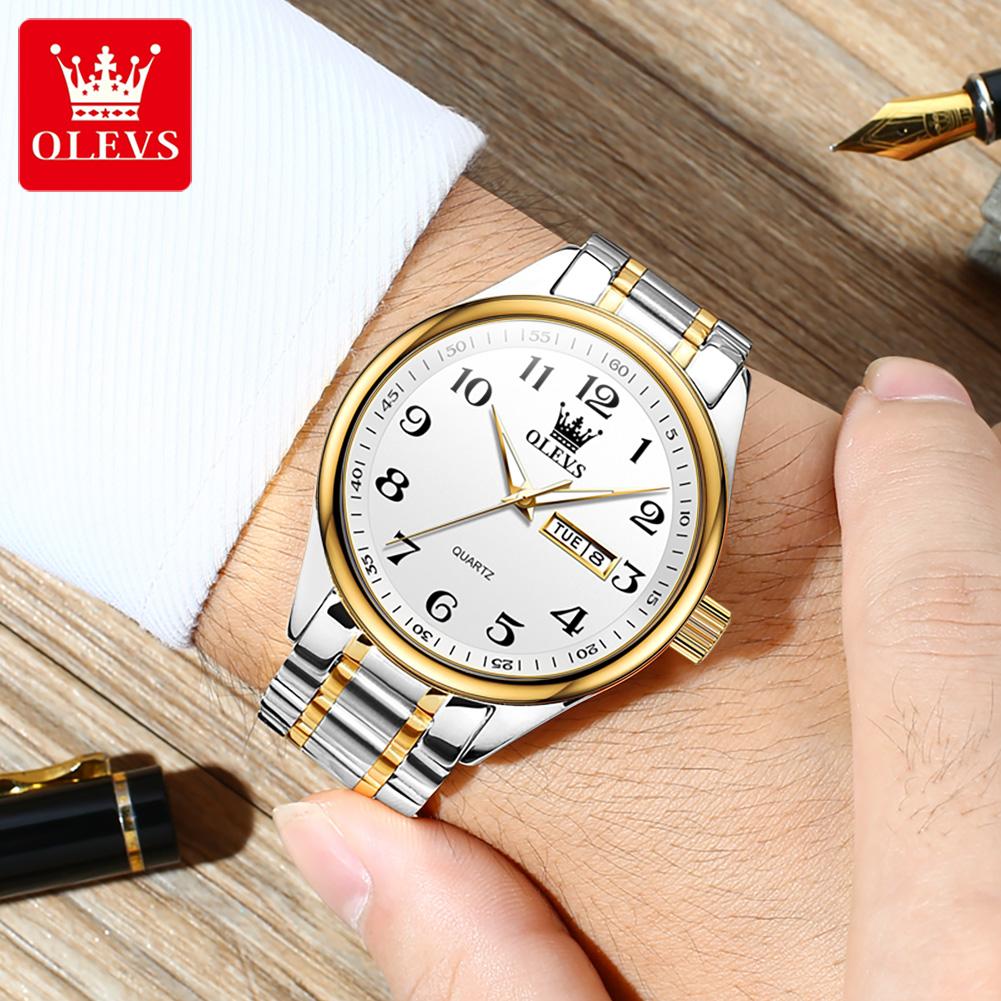 OLEVS Trendy popular mens watches Dual Calendar waterproof Arabic numeral scale luminous quartz wristwatch genuine watch for man