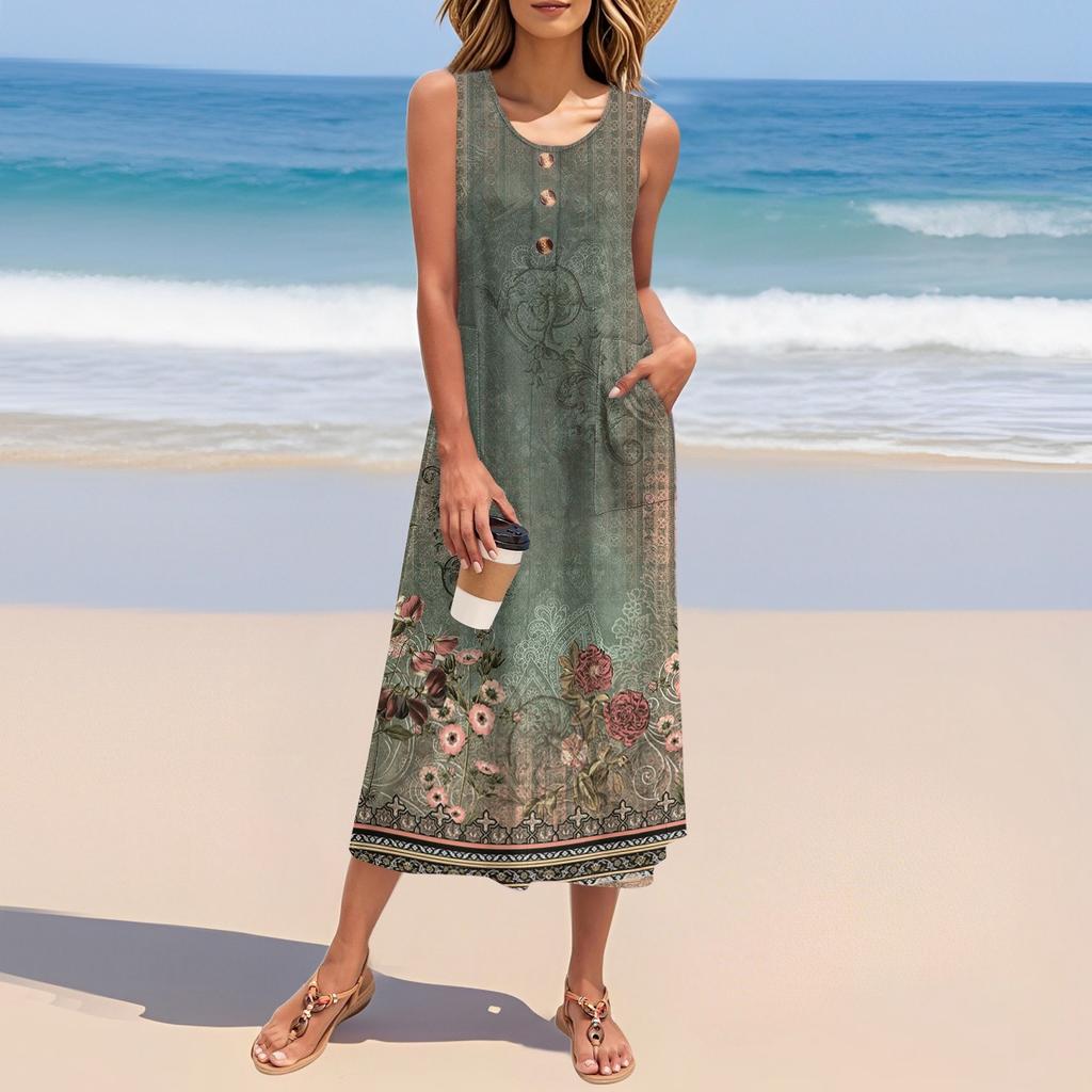 Women's Summer Floral Print Dress Sleeveless Button Down Casual Loose Long Beach Sundress