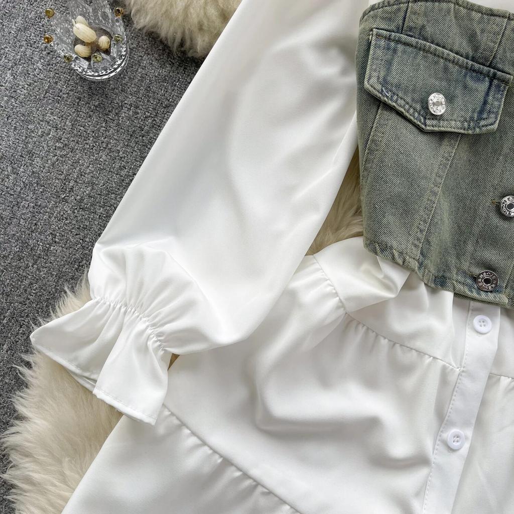 Koreansk Seriekläder Återupplivande Tvådelat Set Topp Retro Kort Jeansväst Trendigt Allmatchande Mellanlångt Skjortset