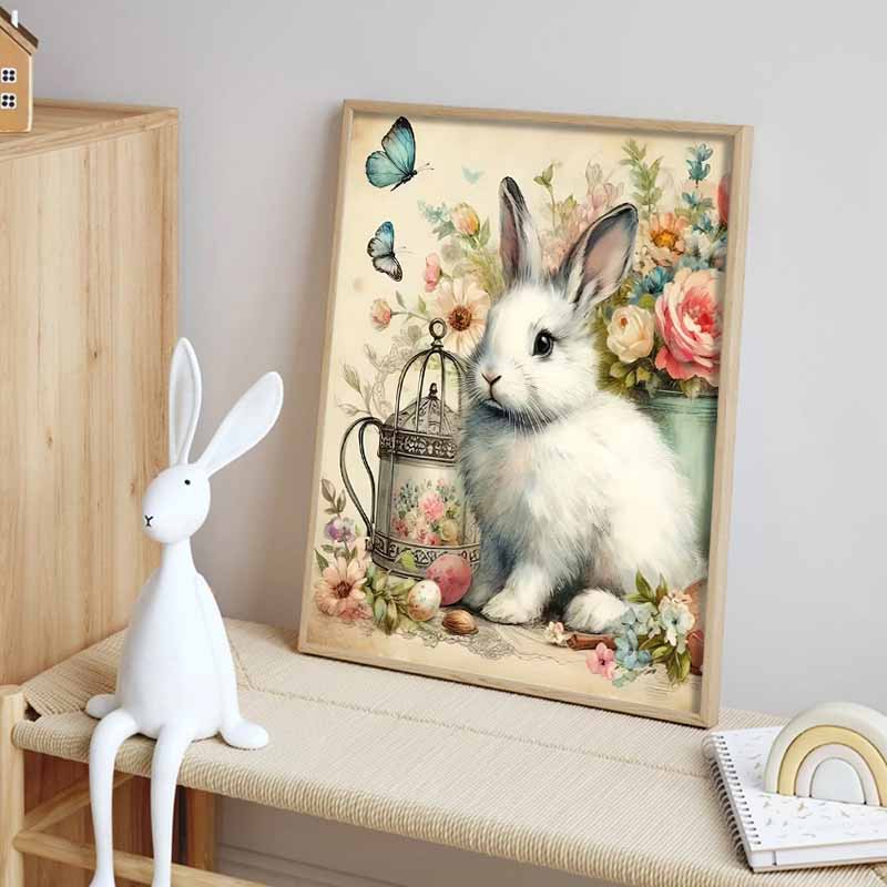 Flowers and Rabbit Full Diamond Painting Set, 5D Colorful Round Gemstone DIY Cross Stitch Decoration Home Wall Mural