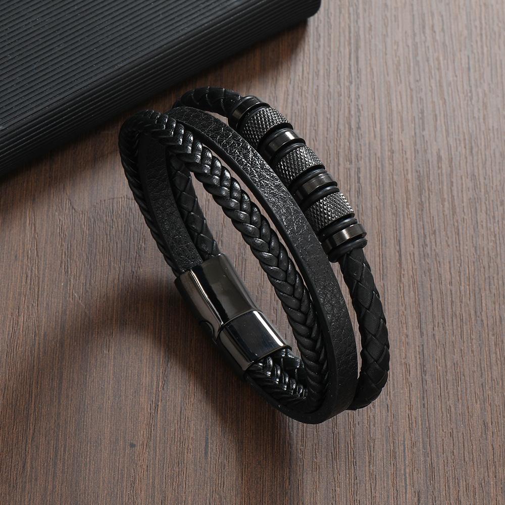 Multi-Layer Braided Leather Bracelet For Men With Magnetic Titanium Steel Clasp Simple Wristband