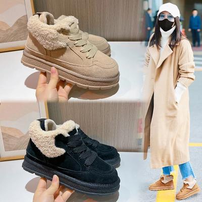 Women Boots Leisure Flat Shoes Thick Sole Flat Bottom Lace Up Winter Plush Suede Warm Fur Shoes Outdoor Winter Walking Shoes