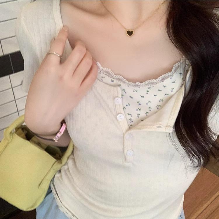 Fake Two-piece Lace Short-sleeved T-shirt Spring and Summer New Pure Lust Spice Girl Slim and Thin Shoulder Bottoming Top