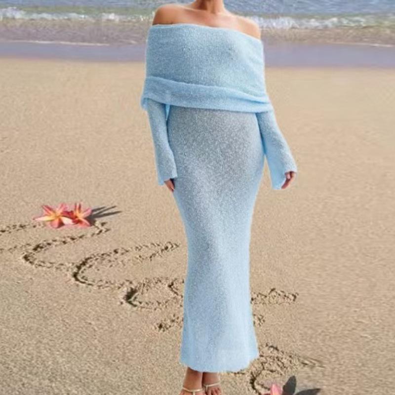 

Платье с вырезом на плечах, длинным рукавом для пляжного отдыха Small светло-синий