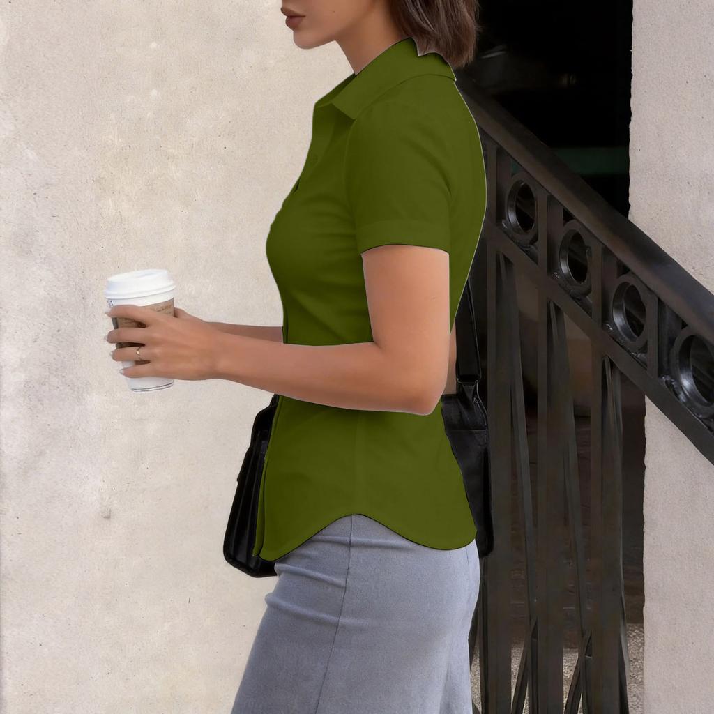 Women's Short Sleeve Button Down Shirt Slim Fit Collared Blouse Office Workwear Casual Top with Ruched Front Design