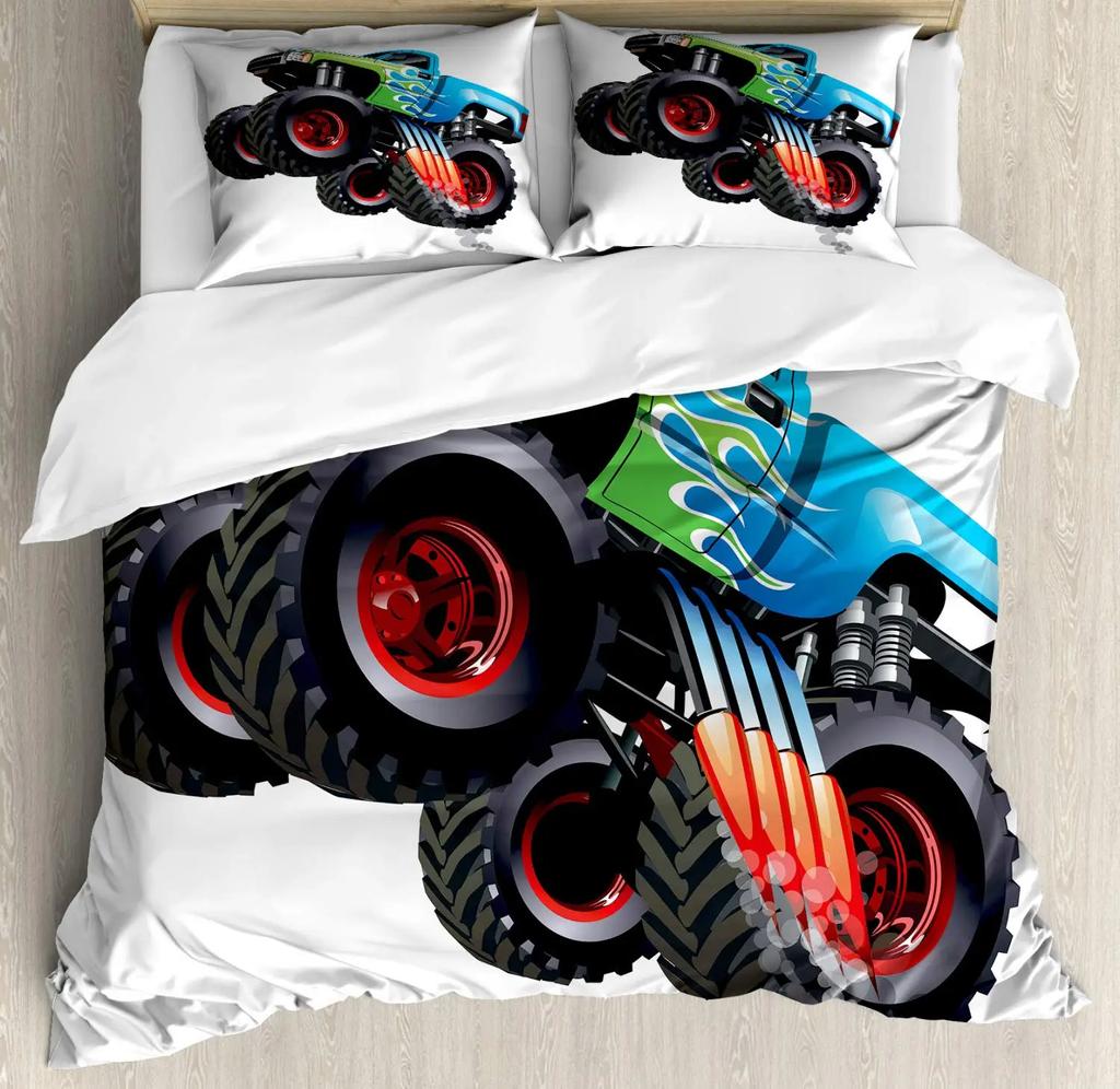 Cars Duvet Cover Set Cartoon Monster Truck Cool Vehicle Duvet Cover Set Bedclothes Double Queen King Size Polyester Qulit Cover