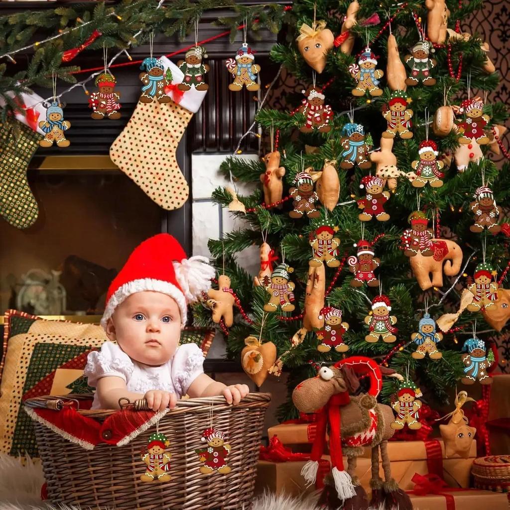 Christmas Gingerbread Man Wooden Hanging Ornaments Set Gingerbread Man Wooden Decoration Distressed Style for Christmas Holiday