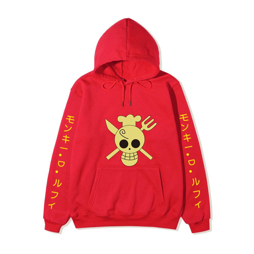 One Piece Sanji Hoodie, Chef Pirate Skull Logo Japanese Letter Sleeve Print Pullover Sweatshirt Unisex Streetwear