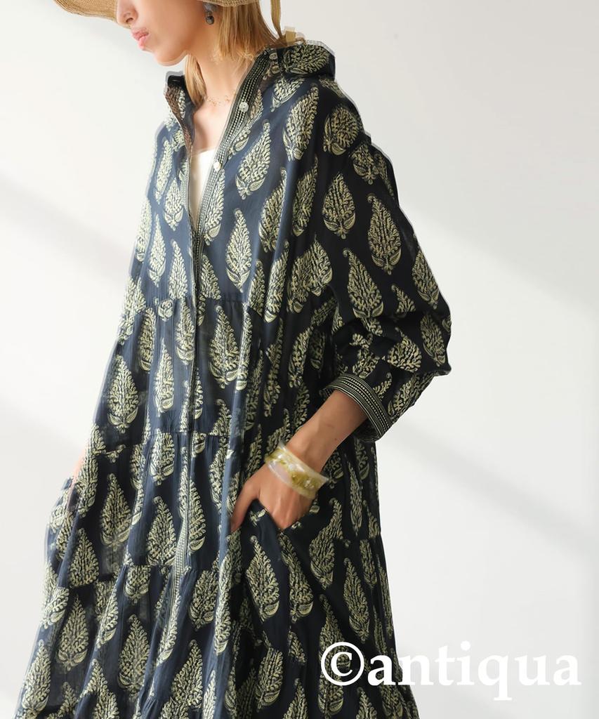 Antiqua Botanical Print Shirt Long One Size Black Dress, Women's, Sleeve, IYA-00092, 05,