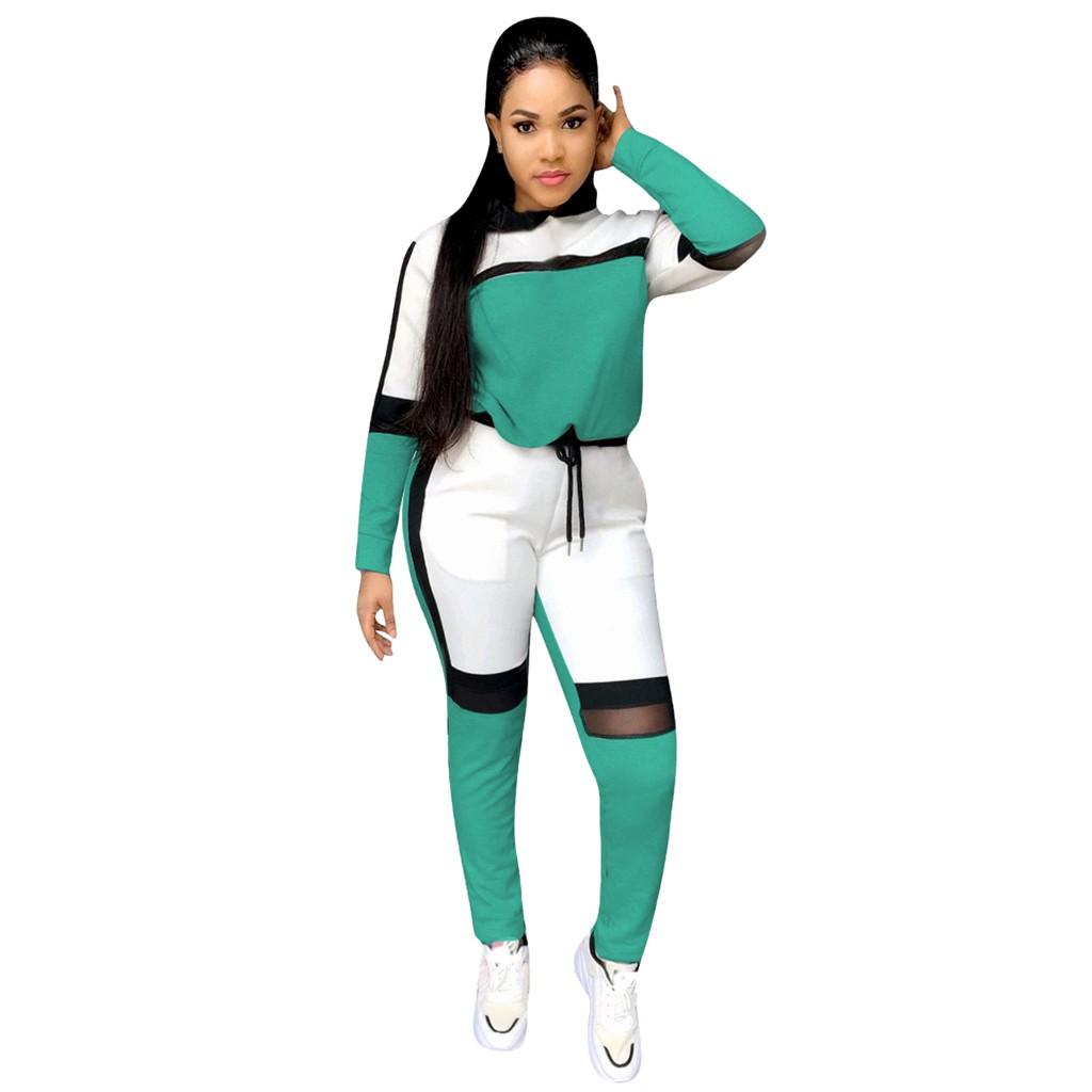 Fashion Women's Casual Color Splicing Long Sleeve T-Shirt Long Pants Sports Set