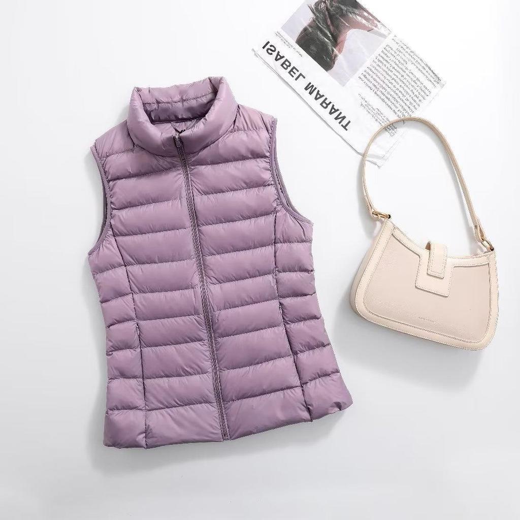 Women's Lightweight Down Vest, Korean Style, Stand-Up Collar, Slim-Fit, Sleeveless Jacket for Autumn and Winter.
