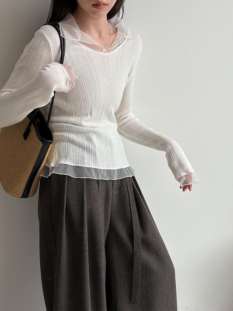 Lu Xi Women's V-neck Korean Style Mesh Patchwork Knit Top, Early Spring 2026 Collection