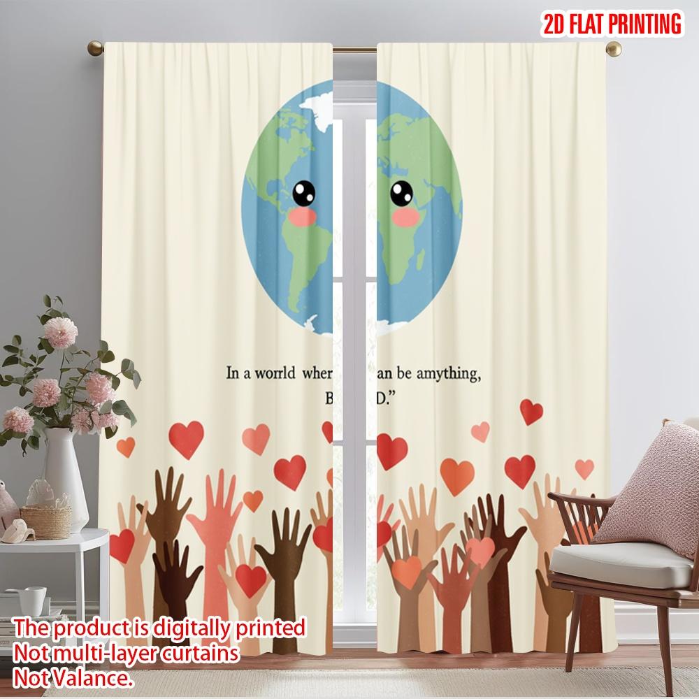 

2pcs 2D flat printing Curtain Earth Kind Hearts Hands Polyester Without Electricity Birthday Party Perfect for Festive Wall 52.50×116.00 CM 2pcs