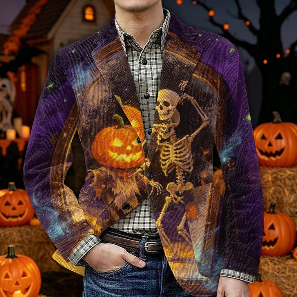 Men's Corduroy Blazer Jacket with Halloween Print Warm Casual Suit Jacket with Pockets Button Front Cardigan Style Outerwear
