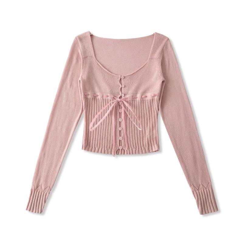 Spring New Style Women's Clothing Light and Mature Niche Tops Women's French Tie Waist Bottoming Sweater for Women